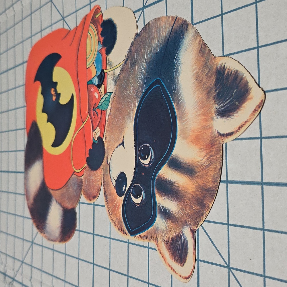 Vintage Halloween Die‎ Cut Decoration Raccoon Mask & Candy Bag 13" Double Sided - Picture 4 of 9